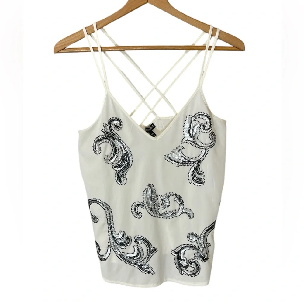 B7- Express White and Black Embellished Women's Small Beaded Tank Top